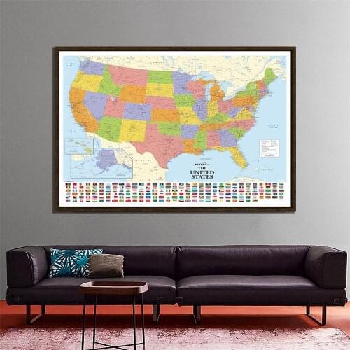 Non-woven Map Of The United States With National Flags Standard Detailed American Map For Education