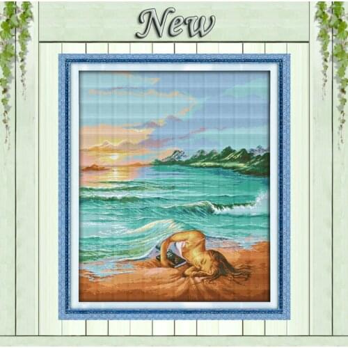The daughter of sea sun beach painting Counted Print on canvas DMC 11CT 14CT Cross Stitch Needlework Sets embroidery kit scenery