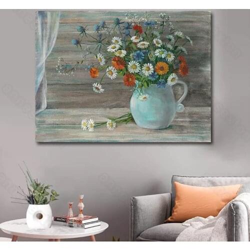 Modern Style Canvas Painting Vintage Little Daisy Flowers Picture with Exquisite Vase Poster for Home Rooms Gallery Wall Decorat
