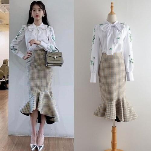 Kpop IU Lee Ji Eun same 2021 summer White bow-kont chiffon shirts tops and slim High waist fishtail skirts women two piece set