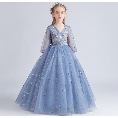 Flower Girl Dresses Pearls Beading Three Quarter Princess Sequined O-Neck Ball Gown Embroidery Tulle Lace Kids Party Skirt H084