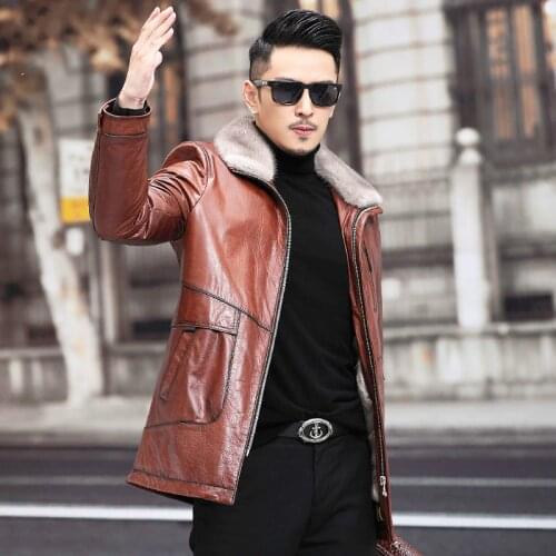 First Layer Cowhide Leather Mens Mink Liner Winter Gray Lapel Casual Coat Jacket Clothes