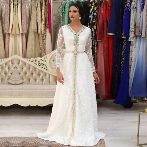 Morocco Kaftan Evening Dresses V-Neck Beaded with Rhinestones Long Sleeve Lace White Arabic Muslim Prom Party Dress 2020