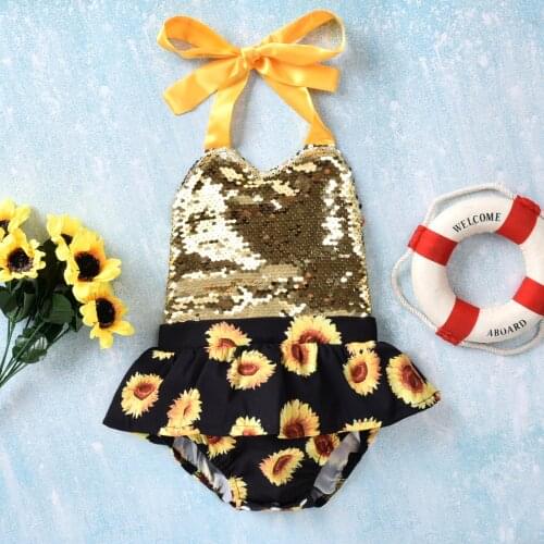 Fashionable Baby Girls Romper Infant Summer Creative Sunflower Printing Sequins Decoration Sleeveless Hanging Neck Jumpsuit