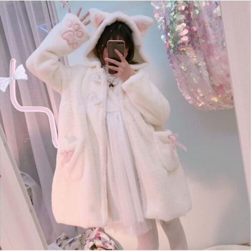 Coat Women hot sale Winter Lolita Fleece-lined Thickened Fabric Kawaii Cat Ear Hat Claw Cute Plush fur Hooded White