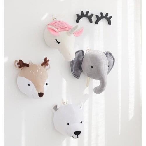 Plush Head Elephant Unicorn Deer Nursery Childhood Room Decor Wall Hangings for Baby Bedroom Wall Mount Kids Stuffed Animal Toys