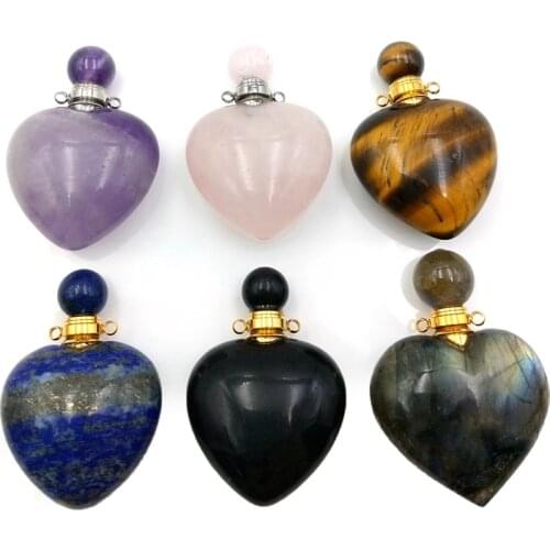 Natural rose quartzs labradorite amethysts obsidian tiger eye stone perfume bottle essential oil bottles for women necklace