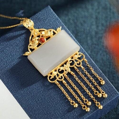 S925 Sterling Silver Vintage Inlaid Hetian Jade White Jade Lotus Magpie Tassel Female Sweater Chain Pendant Pendant Jewelry Fema