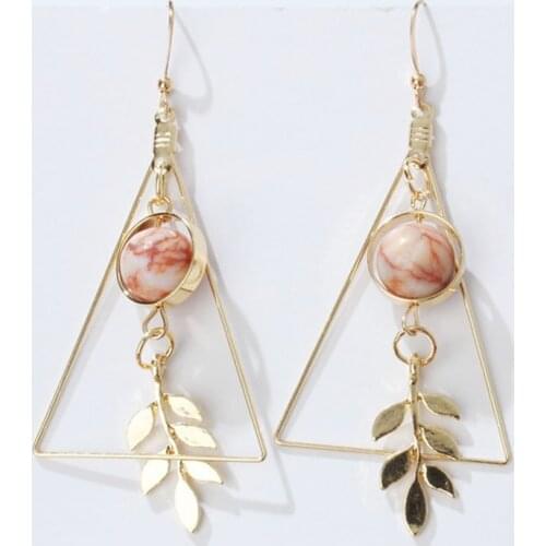 European And American Fashion Vintage Hollow Out Triangle Marble Round Beads Leaf Earrings For Woman Girls Jewelry