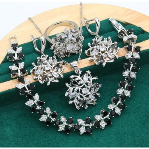 Wedding Silver Color Jewelry Set for Women Luxurious Black White Zircon Bracelet Earrings Necklace Pendant Ring Christmas Gift