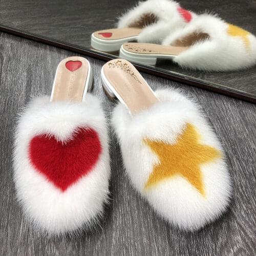 YOLOAgain High Quality Real Mink Fur Slides Women Heart Shape Flurry House Slippers
