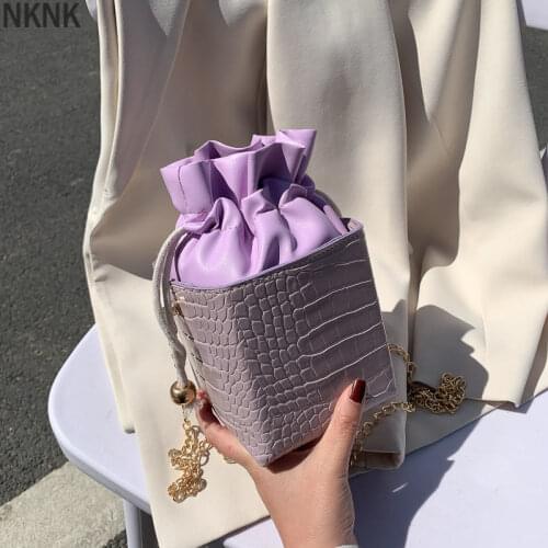 Purple Drawstring Mini Handbags Women Small Square Shoulder Bag Fashion PU Leather Ladies Chain Mini Crossbody Bags Clutch Purse