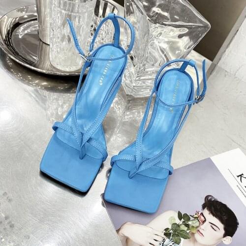 Summer New Fashion Pinch Narrow Band Women Gladiator Sandal Ladies Square Open Toe Ankle Buckle Strap Stiletto Heels
