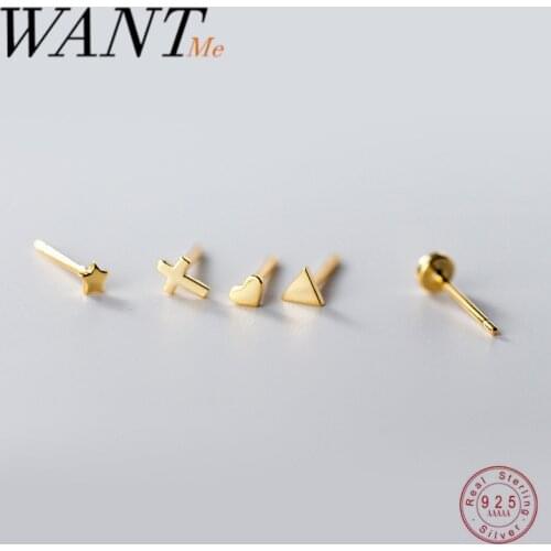 WANTME Real 925 Sterling Silver Mini Small Love Star Cross Round Triangle Stud Earrings for Women Youth Student Jewelry Gift