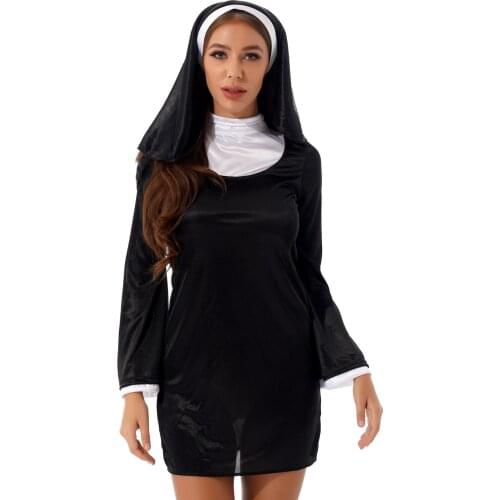 Lady Women Nun Cosplay Role Play Halloween Carnival Stage Performance Costume Outfit High Neck Flare Sleeve Dress With Headscarf