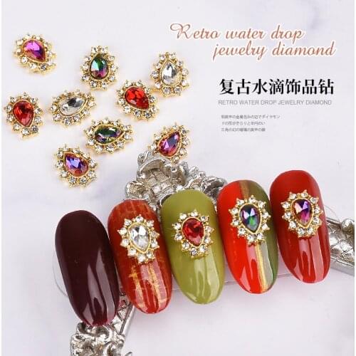 10pcs 3D Retro Water Drop Alloy Crystal Nail Art Gold Metal Rhinestone Manicure Nail Art Accessories DIY Nails Decoration Charms