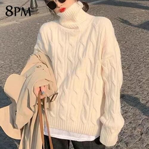 8PM Women Turtleneck Pullovers Winter Korean Cashmere Sweater Long Sleeve Warm Loose Knit Sweater Streetwear Lazy Female Tops