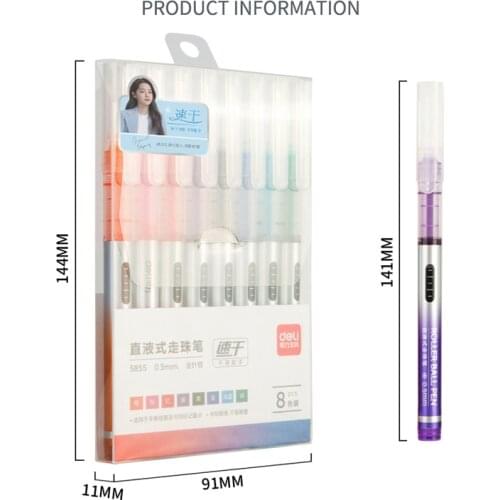 Deli 8 color Direct liquid ballpoint Tungsten carbide beads gel pen Student pink purple colors 0.5mm water-based Full needle 855