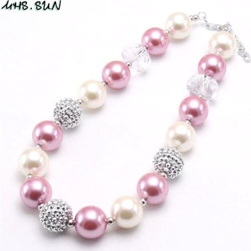 MHS.SUN Girls Kids Chunky Beads Necklace Cute Pink/White/Silver Bubblegum Beaded Necklace For Toddler Child Gifts New