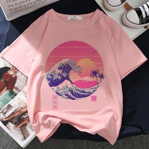 Mountain Waves Sunset Graphic Print T-shirt Women Harajuku Aesthetic Japan Style Tshirt Vintage Fashion Pink Tops Female T Shirt