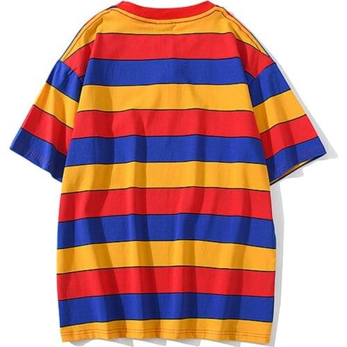 T shirts Hip Hop Casual Men Summer Rainbow Color Block Stripe Cotton Short Sleeve T-Shirts Streetwear Harajuku Tops