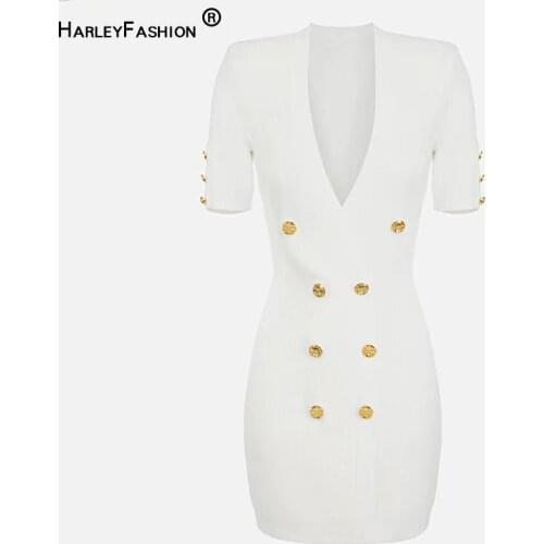 HarleyFashion New Unique Designer European Celebrity Sexy V-neck Short Sleeve Double Breasted Buttons White Straight Knit Dress
