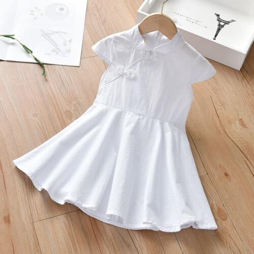Chinese Style Cotton Girls Student Dress Summer New White Button Princess Party Perform Dress Short Slim Children Clothes
