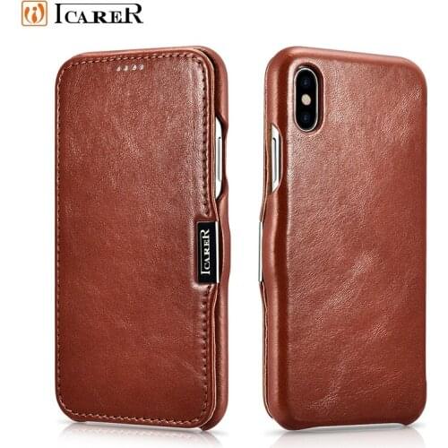 ICARER Vintage Curved Genuine Leather Metal Magnetic Flip Case For iPhone X XS XR Xs Max Shell Accessories Phone Cover Coque