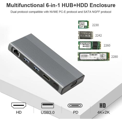 NVMe SSD Hub, USB C HUB Type C 3.1 to M.2 NVME NGFF HD 4K 1000M LAN for Macbook 10Gbps M.2 SSD Case Enclosure USB C HUB Splitter