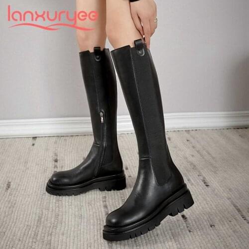 Lanxuryee british school motorcycle boots genuine leather platform round toe thick high heel zipper modern knee high boots L0f1