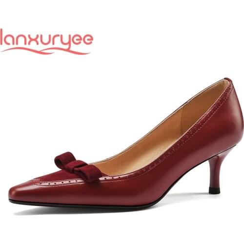 Lanxuryee French romantic genuine leather small square toe thin high heels patchwork butterfly-knot sweet lady women pumps L04
