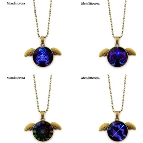 Mendittorosa Bronze Angel Wings Necklace Pendant Jewelry For Crystal Gift 12 Constellation