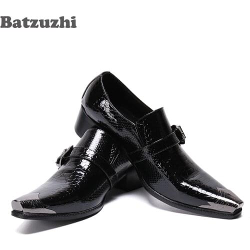 Batzuzhi Black Business Shoes Fashion Mens Shoes Pointed Metal Tip Leather Dress Shoes Men Slip on Zapatos Hombre, Big Size