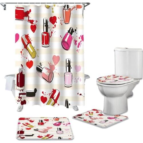 Cosmetic Nail Polish Female Cartoon Shower Curtain Sets Non-Slip Rugs Toilet Lid Cover and Bath Mat Waterproof Bathroom Curtains