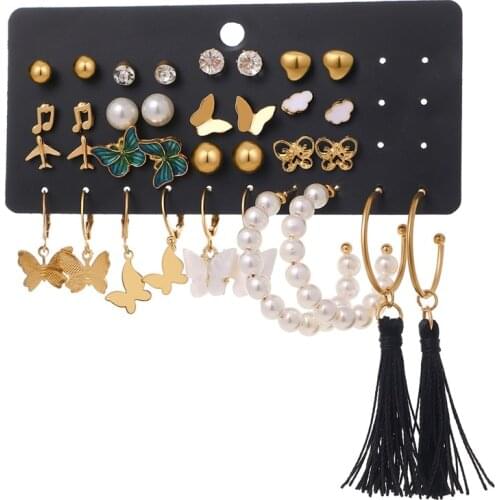 EN Fashion Pearl Drop Earring Set For Women Trendy Geometric Circle Chain Butterfly Earrings 2021 NEW Set of Earrings Jewelry