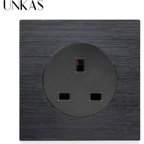 UNKAS 13A UK Standard Wall Power Socket Black Aluminum And Tempered Crystal Glass Panel Grey Child Protective Lock Outlet
