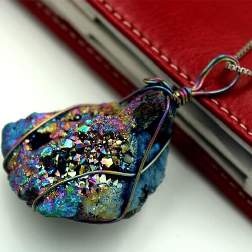 Natural rough crystal pendants Crystal clusters indefinitely colorful hand-wound copper wire diy sweater chain pendant necklace1