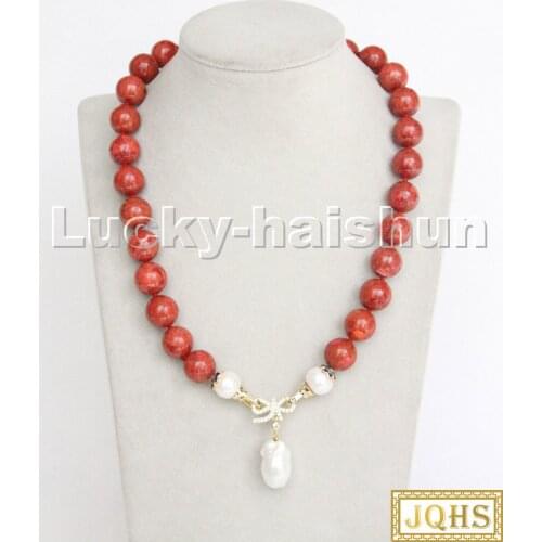 Natural 18" 14mm Red Sponge Coral White Reborn Keshi Pearl Pendant Necklace C242 Jewelry Necklaces