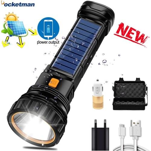 50000 Lumen Portable LED Solar Flashlight Tactical Torch Camping Long-range Lanterna Multi-function Emergency Power Bank Lamp