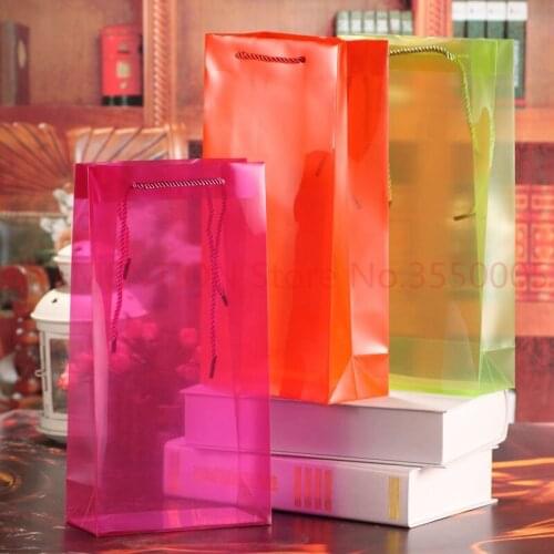 Handle colorful Clear PP bags Wine packing 33x10x9cm Red Green Cherry Juice Olive Oil Champange Bottle Carrier Gift 200pcs