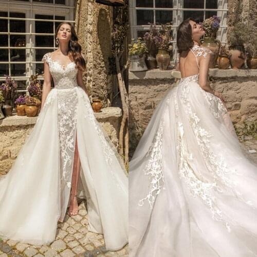 Luxury Overskirt Wedding Dresses Short Sleeves High Side Split Mermaid Bridal Gowns Two Pieces Sweep Train Robe De Soirée