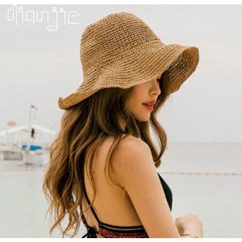 2021 foldable Summer New Womens Sun Hat Bucket cap beige lace Bowknot Flowers Ribbon Flat top Panama soft Straw Hat Beach Caps