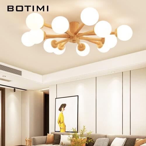 Modern Wooden Ceiling Lamp With Glss Lampshades 6 8 12 Lights Surface Mounted Bedroom Glass Lustre Solid Wood Dining Lighting