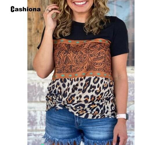 Ladies Elegant Patchwork T-shirt Sexy Leopard Print Womens Top Vintage 2021 Summer Tees Shirt Femme Clothing Plus Size S-5XL