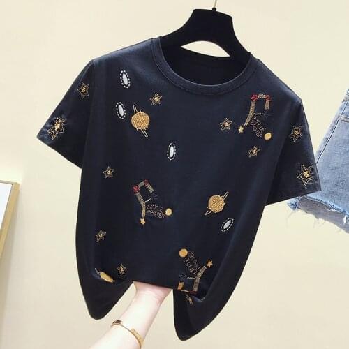 Tee Shirt Femme 2021 Korean White T Shirt Women Clothes Summer Short Sleeve Embroidery Vintage Casual Black TShirt Female Tops