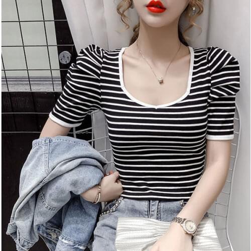 Womens Cotton T Shirt Summer Puff Sleeve Plus Size Female T-shirt Striped Tees Ladies Basic Tshirts Streetwear Casual Tops D146