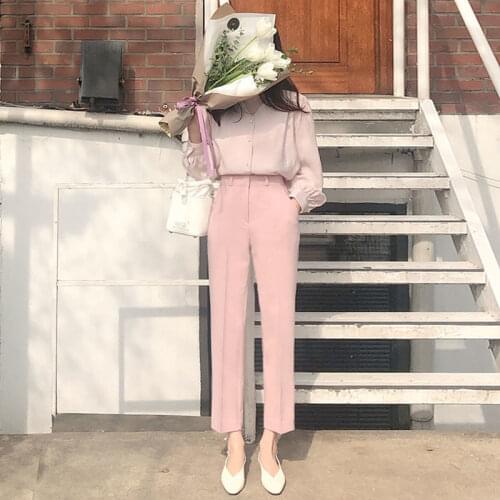 2021 Women Autumn New Vintage OL Straight Pant Female Solid Pockets Elastic High Waist Suit Pant Lady Casual Harem Trousers E998