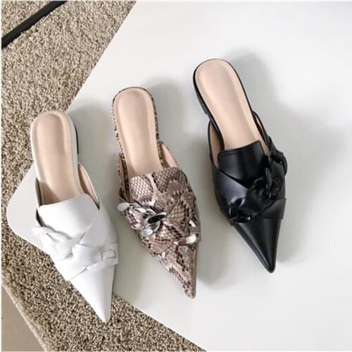 Bailamos Women Luxury Slippers New Fashion Chain Brand Mule Pointed Toe Slip On Slides Flat Heel Casual Outdoor Flip Flops Shoes