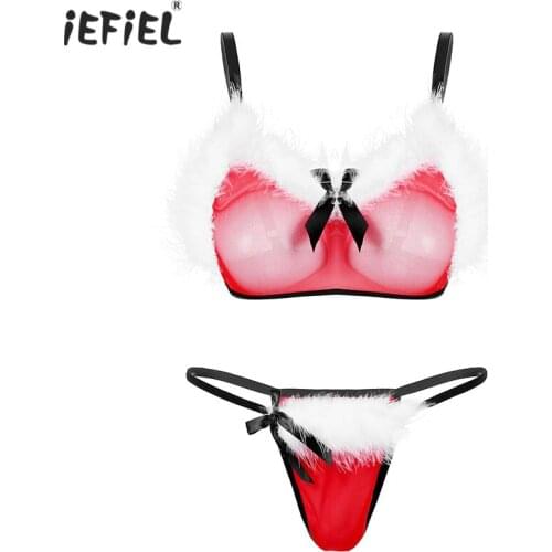 Sissy Womens Sheer Lace Sexy Santa Costumes Lingerie Set White Feather Christmas Babydolls Bra Top Briefs Exotic Sets Underwear