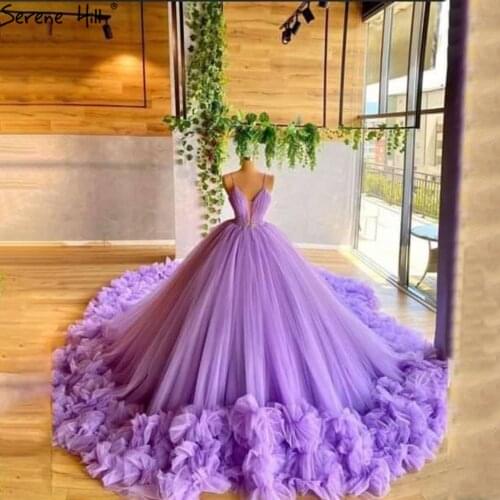 Serene Hill Purple Puffy Flowers Sleeveless Wedding Dress 2021 Sexy V-Neck Tulle Bridal Gown CHA2487